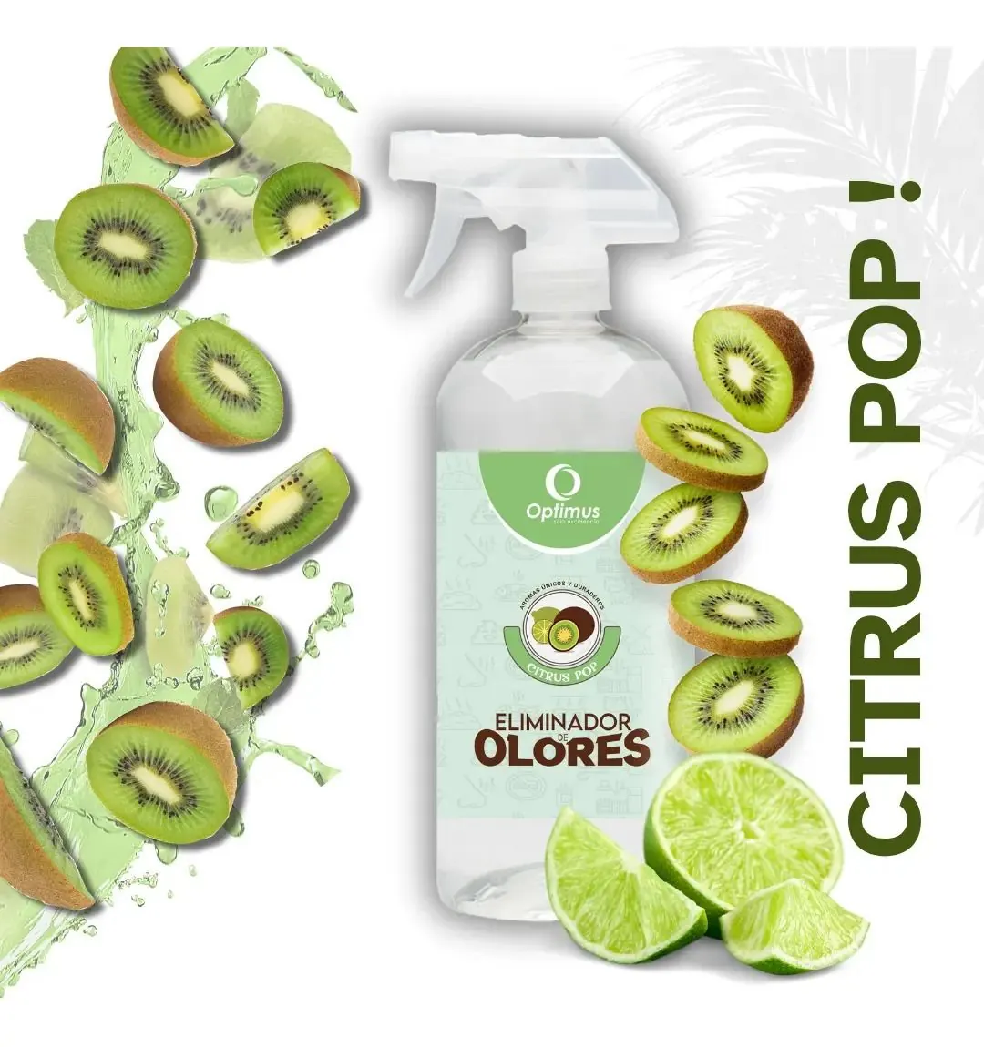 Spray Optimus Citrus Pop de 500 ml rodeado de kiwi y limón